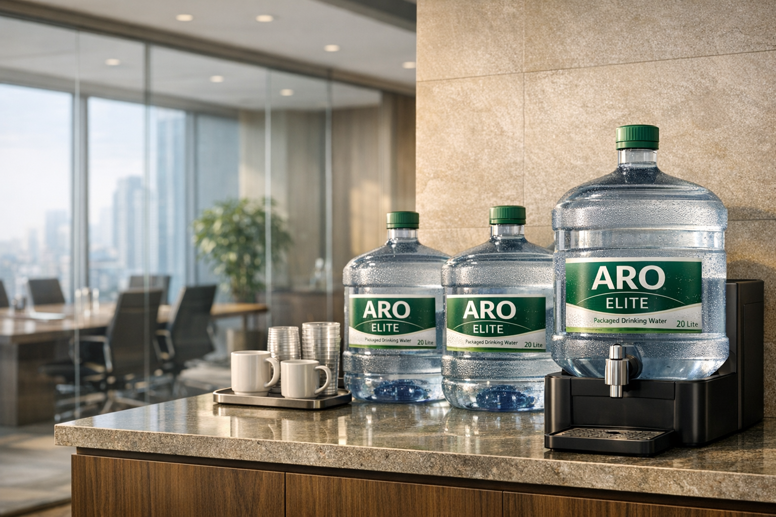 ARO Elite 20-litre jars arranged in a premium office refreshment area